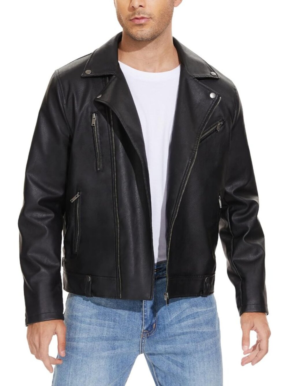 Men Black02 Leather Zip-Up Long Sleeve Aviator Pockets Motorcycle Bomber Jacket